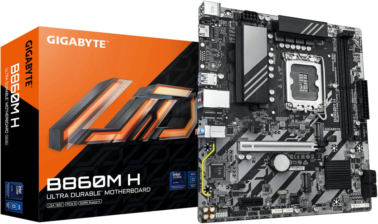 مادربرد GIGABYTE B860M H LGA 1851 M-ATX، چیپست Intel B860، دو اسلات DDR5 DIMM، حداکثر حافظه 128 گیگابایت، یک اسلات PCIe 5.0 x16، دو اسلات PCIe 4.0 M.2 | B860M-H