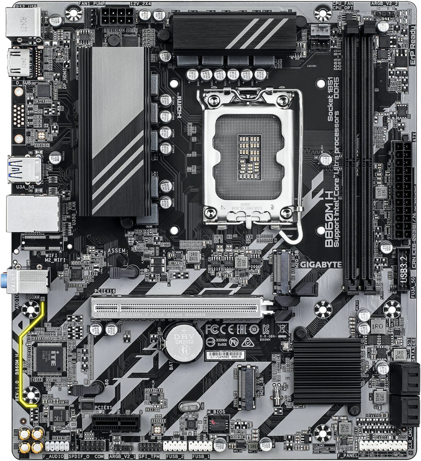 مادربرد GIGABYTE B860M H LGA 1851 M-ATX، چیپست Intel B860، دو اسلات DDR5 DIMM، حداکثر حافظه 128 گیگابایت، یک اسلات PCIe 5.0 x16، دو اسلات PCIe 4.0 M.2 | B860M-H