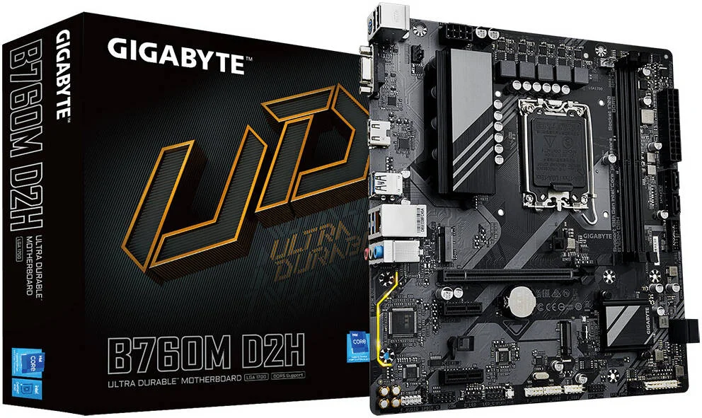 مادربرد GIGABYTE B760M D2H LGA 1700 M-ATX، چیپست Intel B760، دو اسلات DDR5 DIMM، حداکثر حافظه 128 گیگابایت، دو اسلات M.2، یک اسلات PCIe 4.0 x16، تراشه Realtek 2.5GbE LAN | B760M-D2H