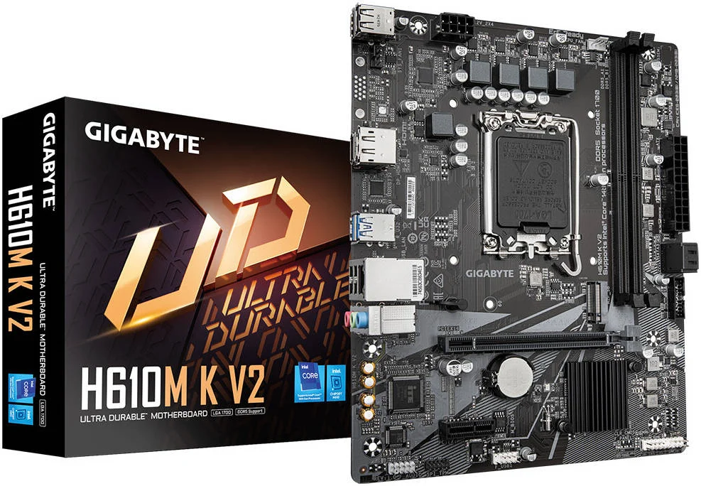 مادربرد GIGABYTE H610M K V2 LGA1700 mATX، چیپست Intel H610، دو اسلات DDR5 DIMM با حداکثر 128 گیگابایت، صدای HiFi، یک اسلات PCI E x16، یک اسلات M.2، USB 3.2 Gen 1، HDMI و DisplayPort | H610M-K-V2