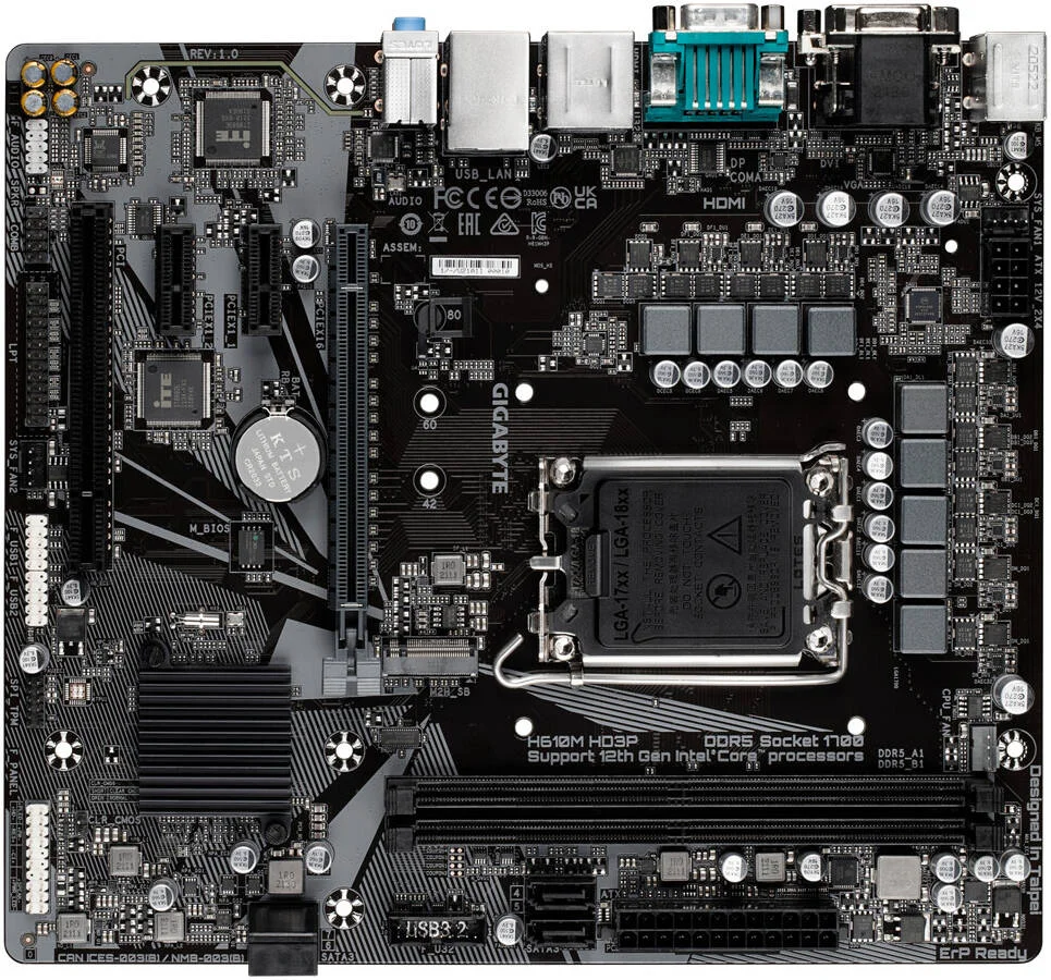 مادربرد GIGABYTE H610M HD3P Micro ATX LGA 1700، چیپست Intel H610، دو اسلات DDR5 DIMM، حداکثر حافظه 128 گیگابایت، یک اسلات PCIe 3.0 x4 M.2، یک اسلات PCIe 4.0 x16، Intel GbE LAN | H610M-HD3P