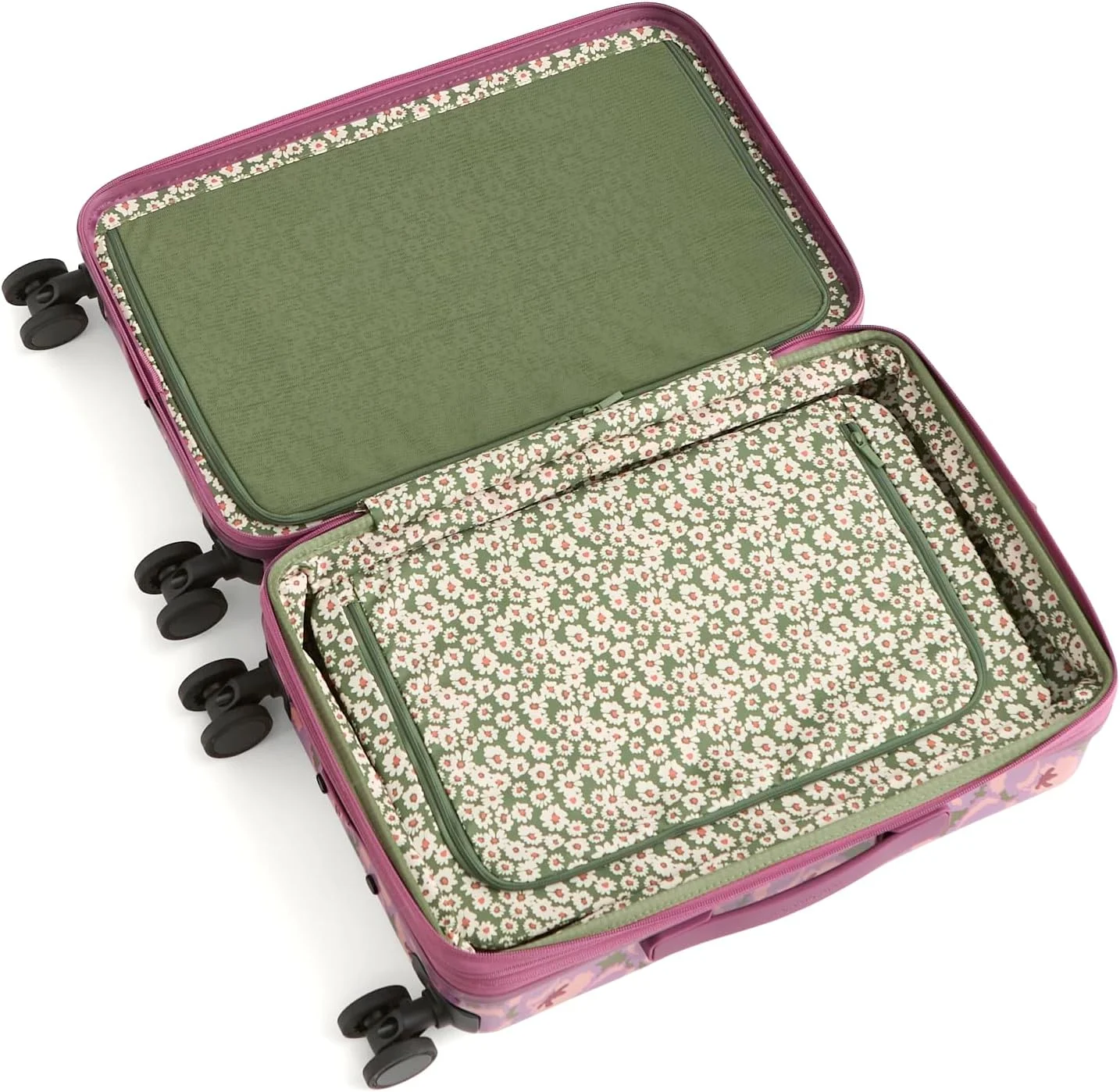 چمدان چرخشی سخت ۲۲ اینچی ورا بردلی مدل Adair، طرح لاله فرفری بنفش، لاله فرفری بنفش