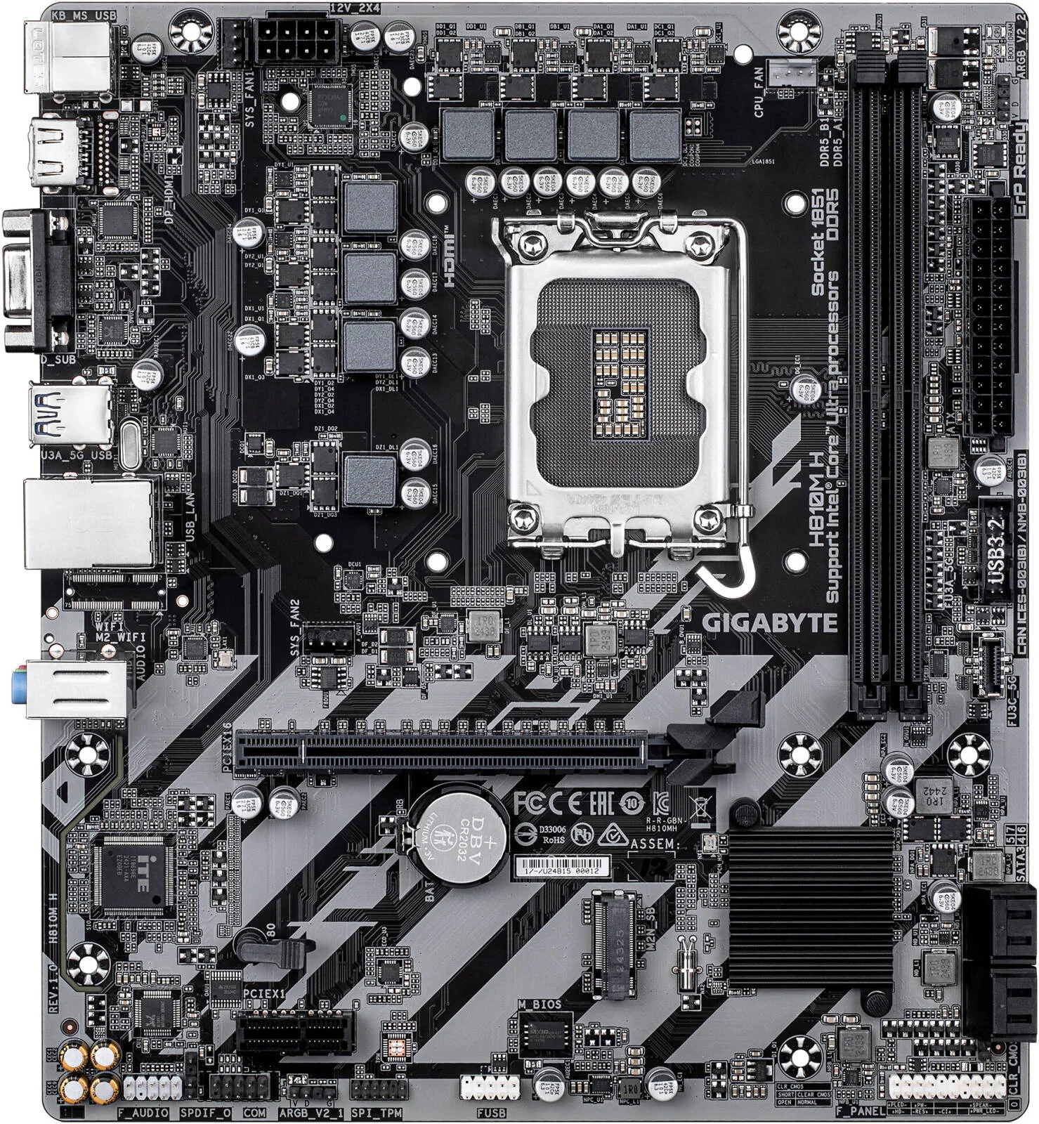 مادربرد GIGABYTE H810M H LGA 1851 Micro ATX، چیپست Intel H810، دو اسلات DIMM DDR5، حداکثر حافظه 128 گیگابایت، یک اسلات PCI Express x16، یک کانکتور M.2 | H810M-H