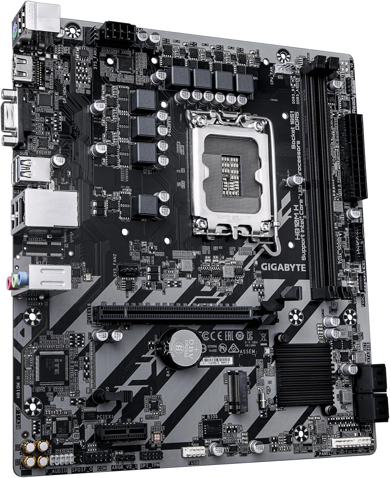 مادربرد GIGABYTE H810M H LGA 1851 Micro ATX، چیپست Intel H810، دو اسلات DIMM DDR5، حداکثر حافظه 128 گیگابایت، یک اسلات PCI Express x16، یک کانکتور M.2 | H810M-H