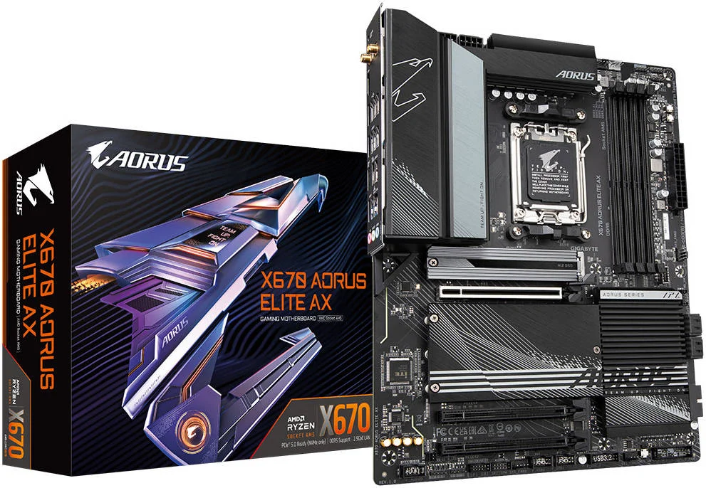 مادربرد GIGABYTE X670 AORUS ELITE AX rev. 1.0 AM5 ATX، چیپست AMD X670، دو کاناله 4x DDR5 DIMM، حداکثر حافظه 128 گیگابایت، Wi-Fi 6E، LAN 2.5GbE، 1 x PCI Express x16، 1 x M.2، 1x HDMI | X670-AORUS-ELITE-AX