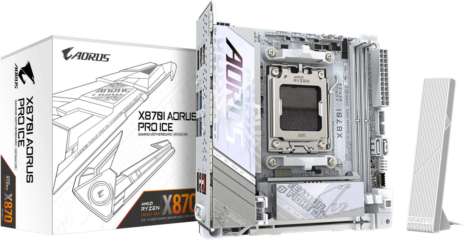 مادربرد GIGABYTE X870I AORUS PRO ICE AM5 Mini-ITX، چیپست AMD X870، دو اسلات DIMM DDR5، حداکثر حافظه 128 گیگابایت، یک اسلات PCIe 5.0 x16 با اسلات PCIe UD، دو اسلات M.2، سفید | X870I-AORUS-PRO-ICE