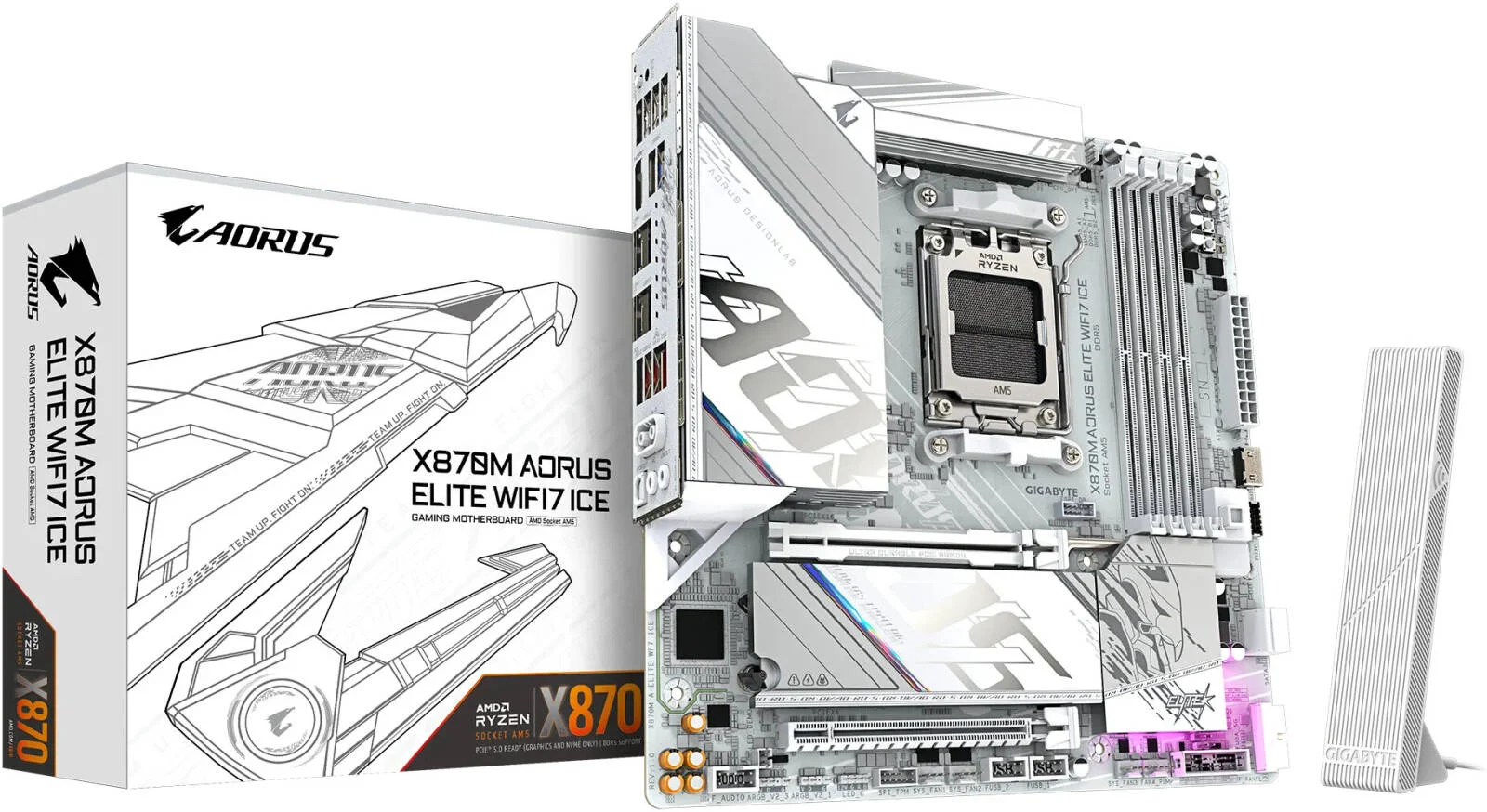 مادربرد GIGABYTE X870M AORUS ELITE WIFI7 ICE AM5 Micro ATX، چیپست AMD X870، دارای 4 اسلات DDR5 DIMM، حداکثر حافظه 256 گیگابایت، 1 عدد PCIe 5.0 x16، 2 عدد اسلات M.2، سفید | X870M-A-ELITE-WF7-ICE