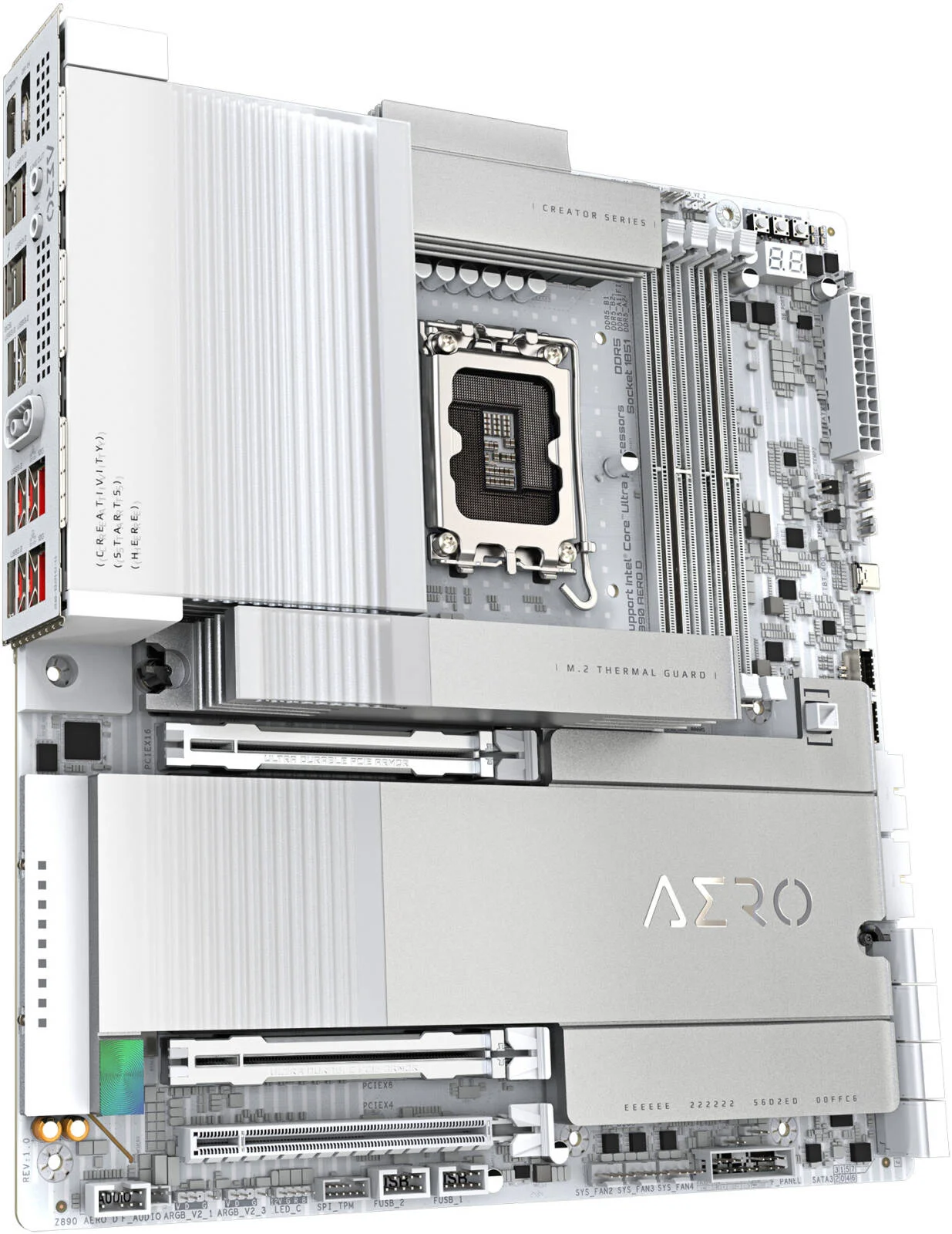 مادربرد GIGABYTE Z890 Aero D LGA 1851 E-ATX، چیپست Intel Z890، دارای 4 اسلات DIMM DDR5، حداکثر حافظه 256 گیگابایت، 2 اسلات PCIe 5.0 x16، 4 اسلات M.2، اتصال Intel Wi-Fi 7 و BT 5.4، سفید | Z890-AERO-D