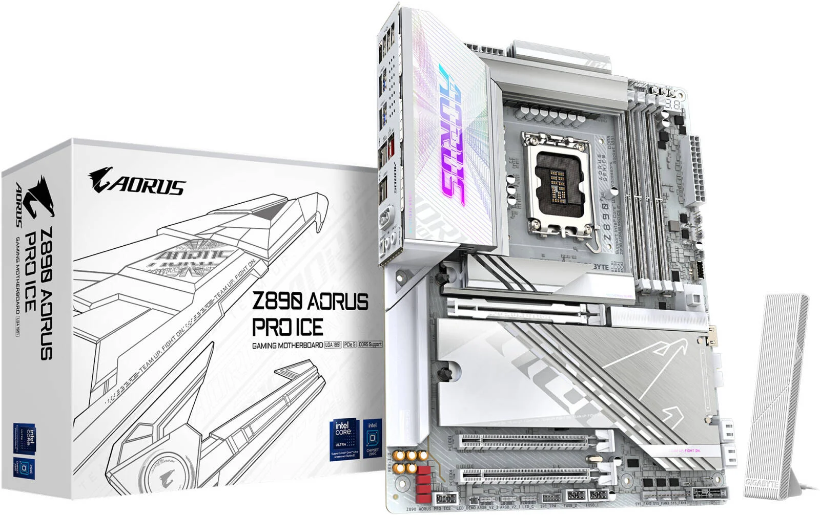 مادربرد GIGABYTE Z890 Aorus Pro Ice LGA 1851 ATX، چیپست Intel Z890 Express، 4 اسلات DDR5 DIMM، حداکثر حافظه 256 گیگابایت، Wi-Fi 7 و BT 5.4، 1 اسلات PCIe 5.0 x16، 5 اسلات M.2، سفید | Z890-AORUS-PRO-ICE