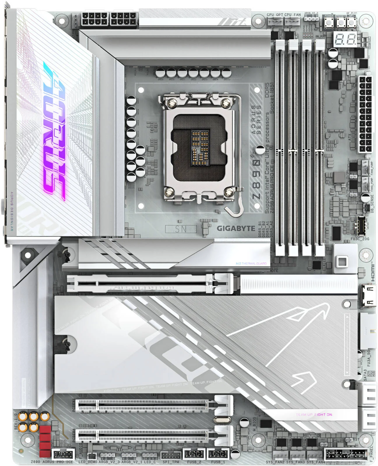 مادربرد GIGABYTE Z890 Aorus Pro Ice LGA 1851 ATX، چیپست Intel Z890 Express، 4 اسلات DDR5 DIMM، حداکثر حافظه 256 گیگابایت، Wi-Fi 7 و BT 5.4، 1 اسلات PCIe 5.0 x16، 5 اسلات M.2، سفید | Z890-AORUS-PRO-ICE