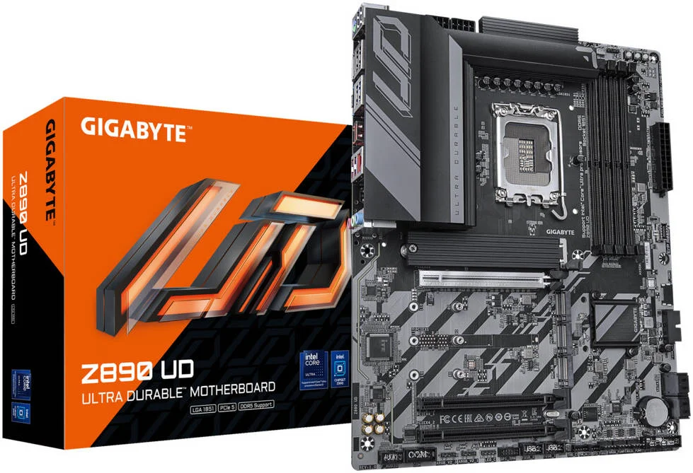 مادربرد GIGABYTE Z890 UD، LGA 1851 ATX، چیپست Intel Z890 Express، 4 اسلات DDR5 DIMM، حداکثر حافظه 256 گیگابایت، 1 اسلات PCIe 5.0 x16، 3 اسلات M.2 | Z890-UD