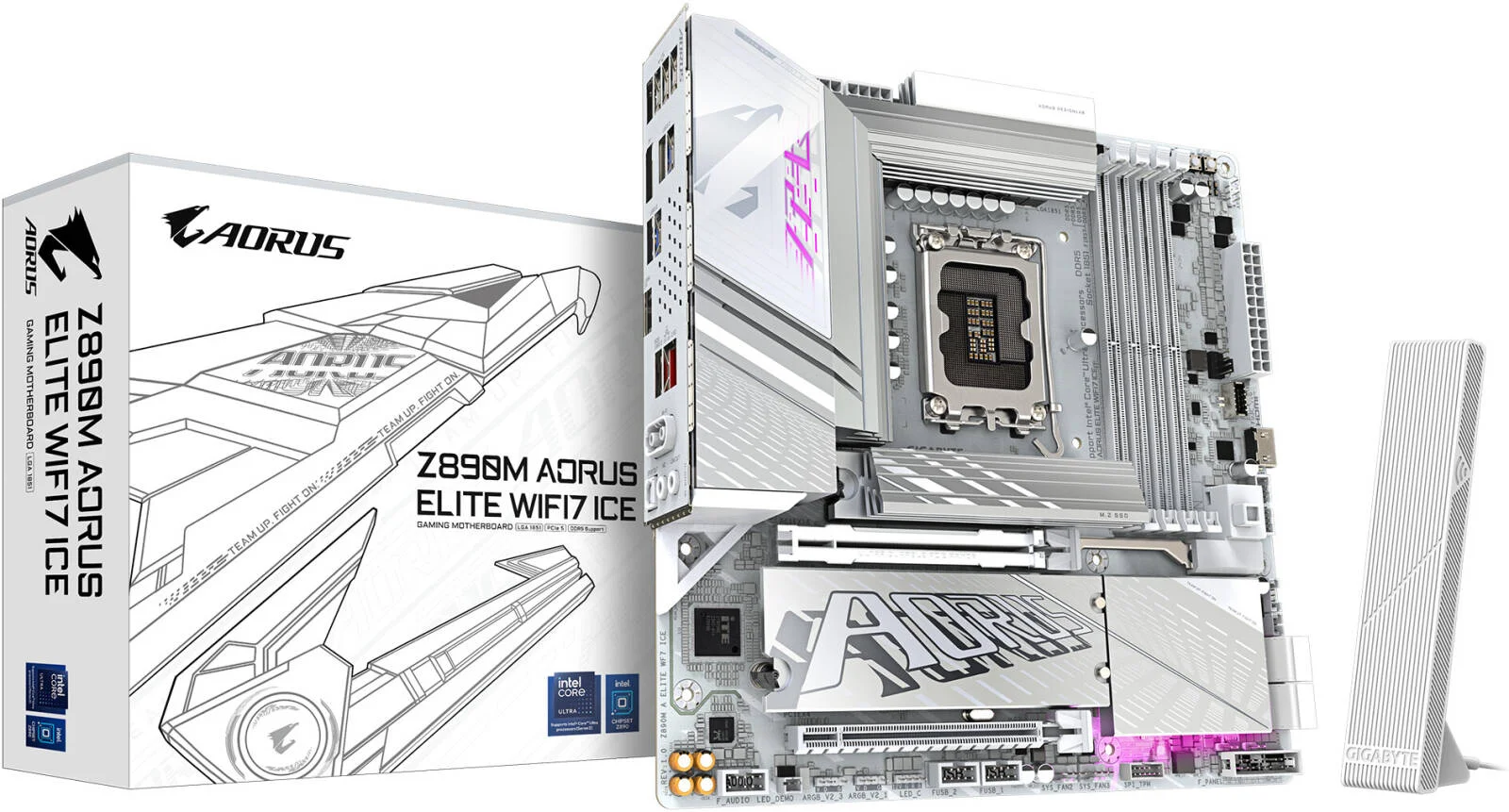 مادربرد گیگابایت Z890M AORUS ELITE WIFI7 ICE، پردازنده‌های Intel Core Ultra، سوکت LGA1851، پشتیبانی از رم DDR5 تا 256 گیگابایت، بلوتوث 5.4، وای‌فای 7 | Z890M-A-ELITE-WF7-ICE