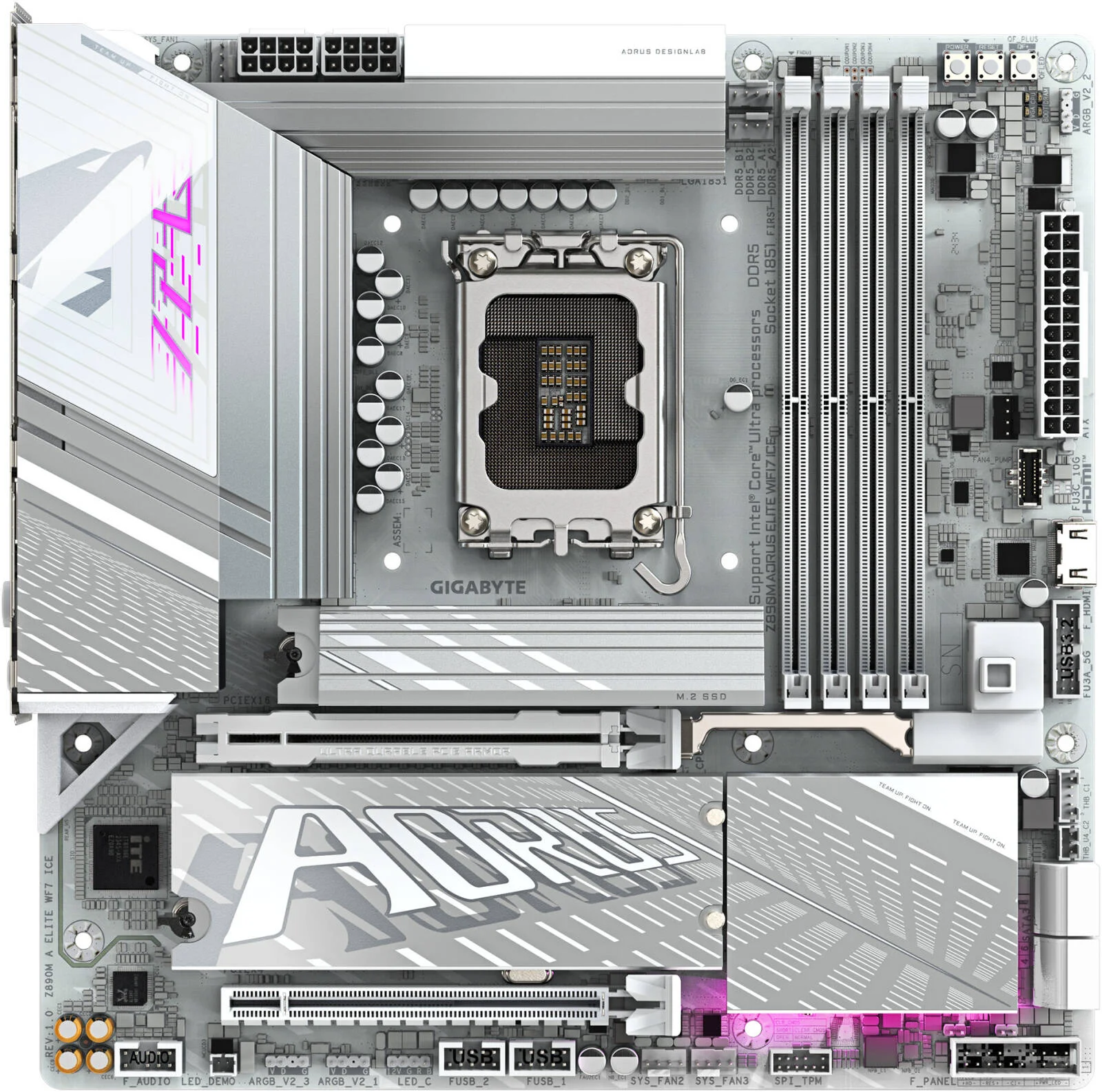 مادربرد گیگابایت Z890M AORUS ELITE WIFI7 ICE، پردازنده‌های Intel Core Ultra، سوکت LGA1851، پشتیبانی از رم DDR5 تا 256 گیگابایت، بلوتوث 5.4، وای‌فای 7 | Z890M-A-ELITE-WF7-ICE