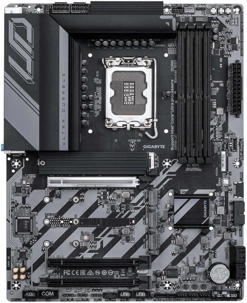 مادربرد GIGABYTE Z890 UD، LGA 1851 ATX، چیپست Intel Z890 Express، 4 اسلات DDR5 DIMM، حداکثر حافظه 256 گیگابایت، 1 اسلات PCIe 5.0 x16، 3 اسلات M.2 | Z890-UD