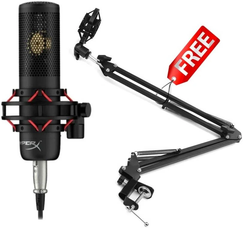 میکروفون دیافراگم بزرگ HyperX ProCast، به همراه پایه میکروفون تاشو قابل تنظیم رایگان، الگوی قطبی کاردیوئید، فیلتر بالاگذر 80 هرتز، سوئیچ پد -10 دسی بل، فیلتر پاپ جداشدنی، خروجی XLR، مشکی
