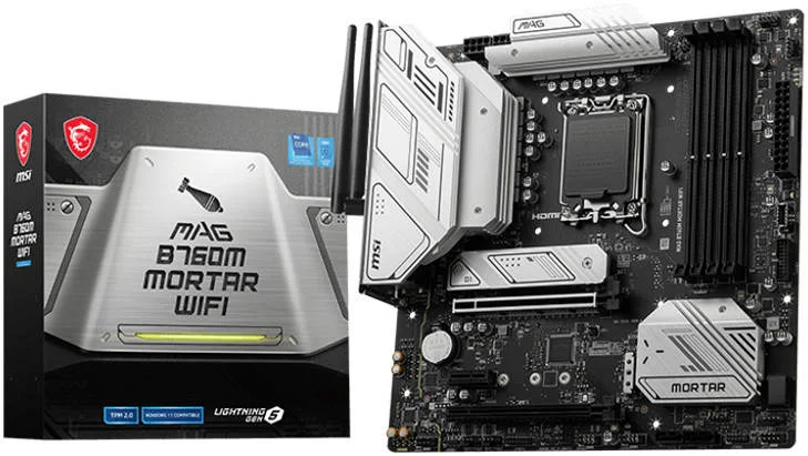 مادربرد MSI MAG B760M MORTAR WIFI LGA1700 Micro ATX، چیپست Intel B760، 4x DDR5، حداکثر ظرفیت حافظه 128 گیگابایت، Wi-Fi 6E، LAN 2.5 گیگابیت بر ثانیه، 2x PCI-E x16، 2x M.2، 1x HDMI 1x DP، USB 3.2/2.0 | 911-7E01-012