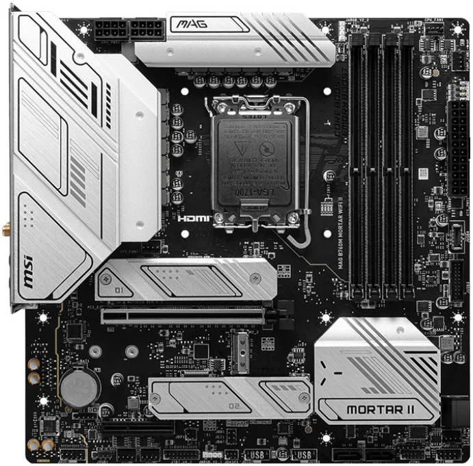 مادربرد MSI MAG B760M MORTAR WIFI II LGA1700 mATX، چیپست Intel B760، 4x DDR5 / حداکثر حافظه 192 گیگابایت، 2x PCI-E x16، Wi-Fi 6E / LAN 2.5 گیگابیت بر ثانیه / BT V5.3، HDMI / DP1.4، USB 3.2 Type-C / A | 911-7E13-001 مادربرد MSI MAG B760M MORTAR WIFI II LGA1700 mATX، چیپست Intel B760، 4x DDR5 / حداکثر حافظه 192 گیگابایت، 2x PCI-E x16، Wi-Fi 6E / LAN 2.5 گیگابیت بر ثانیه / BT V5.3، HDMI / DP1.4، USB 3.2 Type-C / A | 911-7E13-001