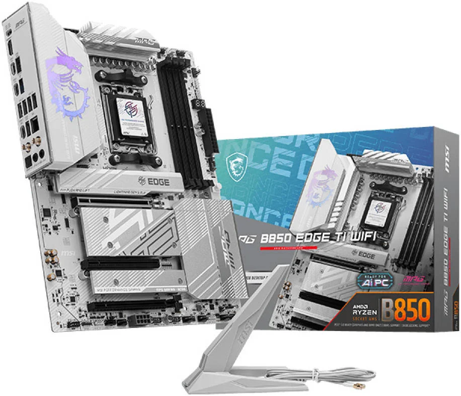 مادربرد MSI MPG B850 EDGE TI WIFI AM5 ATX، چیپست AMD B850، 4 اسلات DDR5 UDIMM، حداکثر حافظه 256 گیگابایت، 3 اسلات PCIe x16، 4 اسلات M.2، Wi-Fi 7 و بلوتوث 5.4 | 911-7E62-001