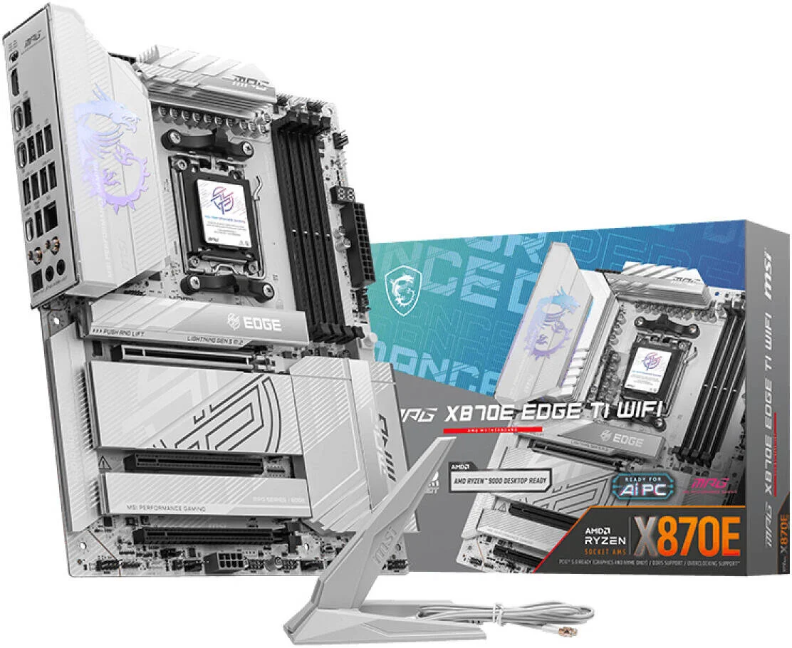 مادربرد MSI MPG X870E EDGE TI WIFI AM5 ATX، چیپست AMD X870E، حافظه 4x DDR5 UDIMM، حداکثر حافظه 256 گیگابایت، 3 اسلات PCI-E x16، 4 اسلات M.2، اتصال Wi-Fi و BT، سفید | 911-7ES9-001