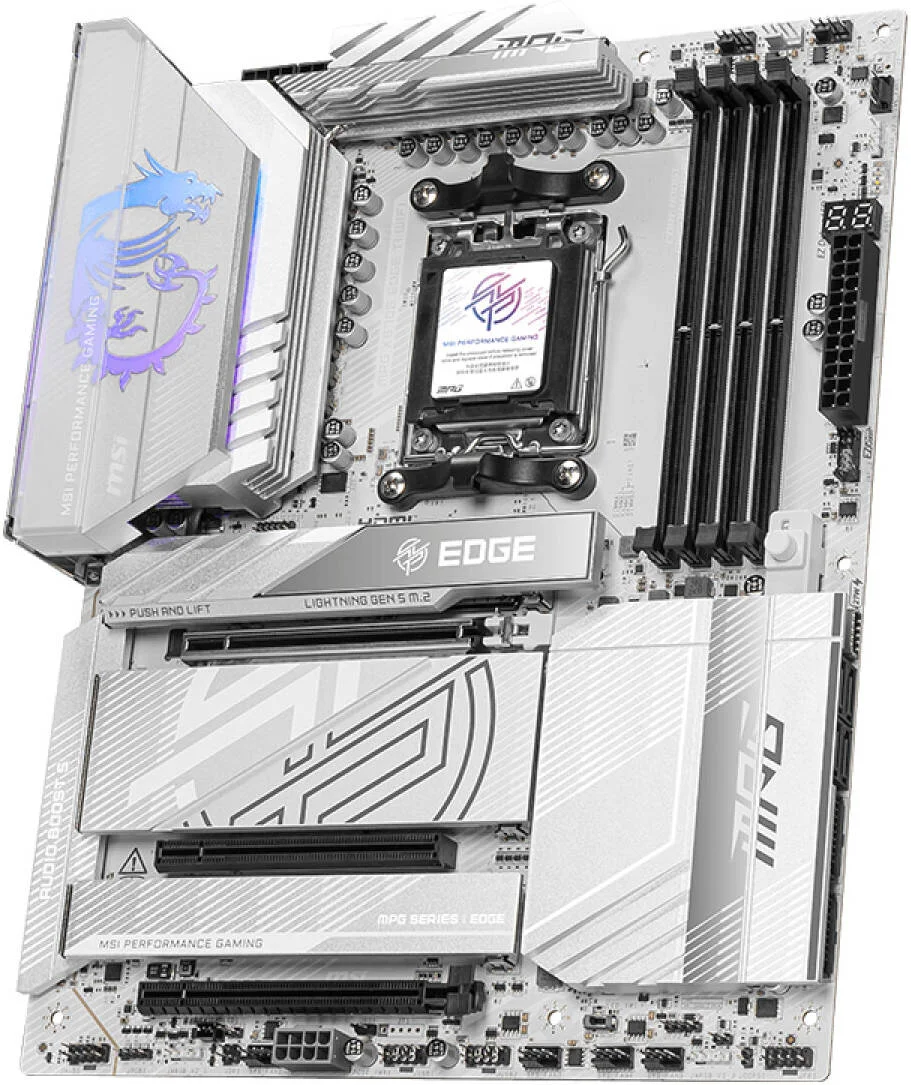 مادربرد MSI MPG X870E EDGE TI WIFI AM5 ATX، چیپست AMD X870E، حافظه 4x DDR5 UDIMM، حداکثر حافظه 256 گیگابایت، 3 اسلات PCI-E x16، 4 اسلات M.2، اتصال Wi-Fi و BT، سفید | 911-7ES9-001 مادربرد MSI MPG X870E EDGE TI WIFI AM5 ATX، چیپست AMD X870E، حافظه 4x DDR5 UDIMM، حداکثر حافظه 256 گیگابایت، 3 اسلات PCI-E x16، 4 اسلات M.2، اتصال Wi-Fi و BT، سفید | 911-7ES9-001