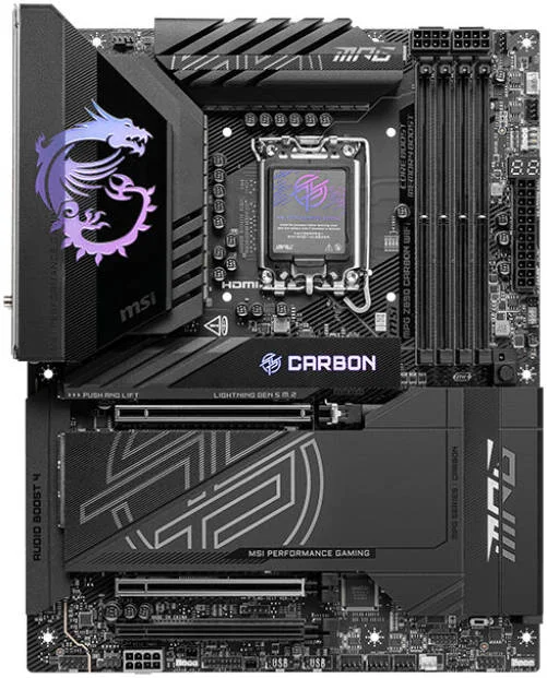 مادربرد MSI MPG Z890 Carbon Wi-Fi LGA 1851 ATX، چیپست Intel Z890، 4 اسلات DDR5 UDIMM، حداکثر حافظه 256 گیگابایت، Wi-Fi 7 و BT 5.4، 3 اسلات PCI-e x16، 5 اسلات M.2 | 911-7E17-001 مادربرد MSI MPG Z890 Carbon Wi-Fi LGA 1851 ATX، چیپست Intel Z890، 4 اسلات DDR5 UDIMM، حداکثر حافظه 256 گیگابایت، Wi-Fi 7 و BT 5.4، 3 اسلات PCI-e x16، 5 اسلات M.2 | 911-7E17-001