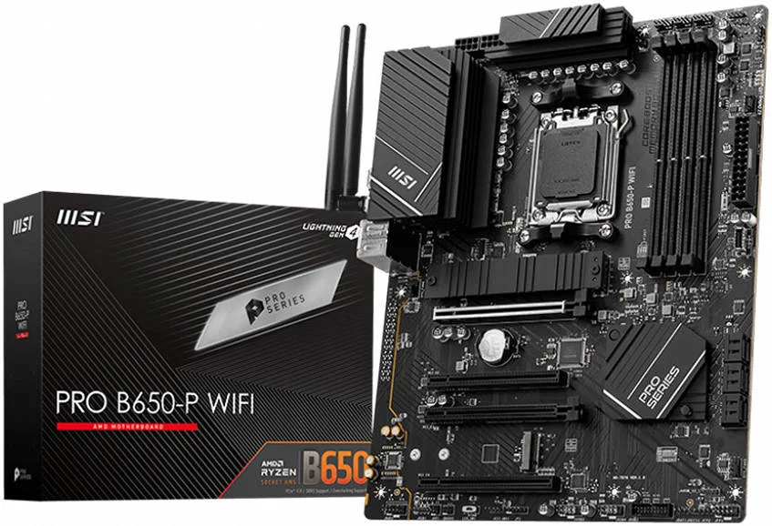 مادربرد MSI PRO B650-P WIFI AM5 ATX، چیپست AMD B650، 4 اسلات DDR5 دو کاناله، حداکثر حافظه 128 گیگابایت، Wi-Fi 6E، LAN 2.5G، 1x HDMI، 1x DisplayPort، 4 اسلات PCI-E x16، USB 3.2/2.0 | 911-7D78-001