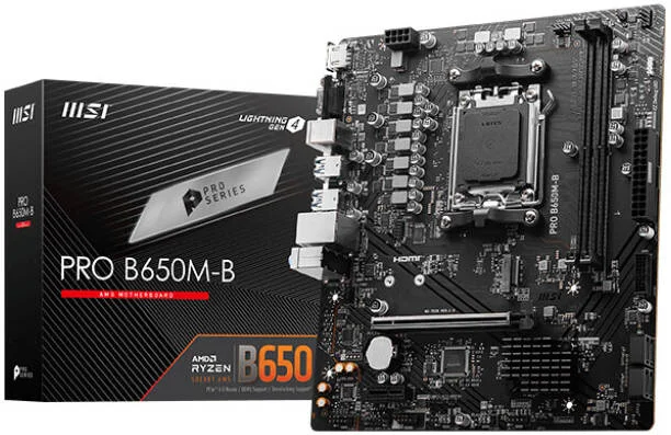 مادربرد ام اس آی Pro B650M-B AM5 mATX AMD، چیپست AMD B650، دو اسلات DDR5، حداکثر حافظه 96 گیگابایت، یک اسلات M.2، یک PCI-E x16، چهار SATA 6G، Realtek RTL8125BG LAN، خروجی HDMI و VGA | 911-7E28-005