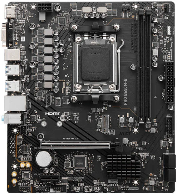 مادربرد ام اس آی Pro B650M-B AM5 mATX AMD، چیپست AMD B650، دو اسلات DDR5، حداکثر حافظه 96 گیگابایت، یک اسلات M.2، یک PCI-E x16، چهار SATA 6G، Realtek RTL8125BG LAN، خروجی HDMI و VGA | 911-7E28-005 مادربرد ام اس آی Pro B650M-B AM5 mATX AMD، چیپست AMD B650، دو اسلات DDR5، حداکثر حافظه 96 گیگابایت، یک اسلات M.2، یک PCI-E x16، چهار SATA 6G، Realtek RTL8125BG LAN، خروجی HDMI و VGA | 911-7E28-005