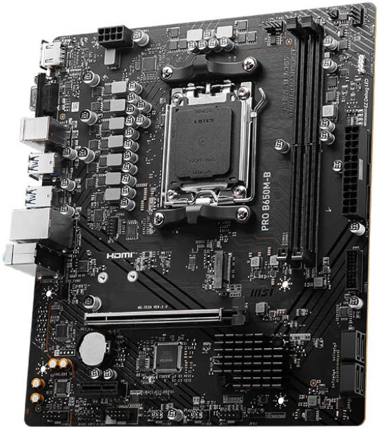 مادربرد ام اس آی Pro B650M-B AM5 mATX AMD، چیپست AMD B650، دو اسلات DDR5، حداکثر حافظه 96 گیگابایت، یک اسلات M.2، یک PCI-E x16، چهار SATA 6G، Realtek RTL8125BG LAN، خروجی HDMI و VGA | 911-7E28-005 مادربرد ام اس آی Pro B650M-B AM5 mATX AMD، چیپست AMD B650، دو اسلات DDR5، حداکثر حافظه 96 گیگابایت، یک اسلات M.2، یک PCI-E x16، چهار SATA 6G، Realtek RTL8125BG LAN، خروجی HDMI و VGA | 911-7E28-005