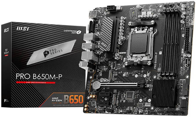 مادربرد MSI Pro B650M-P AM5 mATX، چیپست AMD B650، چهار اسلات DDR5، حداکثر حافظه 192 گیگابایت، یک اسلات PCI-E x16، دو اسلات ذخیره سازی M.2، چهار پورت SATA 6G، شبکه Realtek 8125BG 2.5G LAN، HDMI / DP / VGA | 911-7E27-001