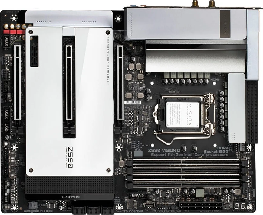 مادربرد گیگابایت Z590 VISION D - چیپست Intel Z590 Express، حداکثر 128 گیگابایت DDR4، 3,200 مگاهرتز، 3x PCI express x16، LGA1200، فرم فاکتور ATX، مادربرد | Z590-VISION-D