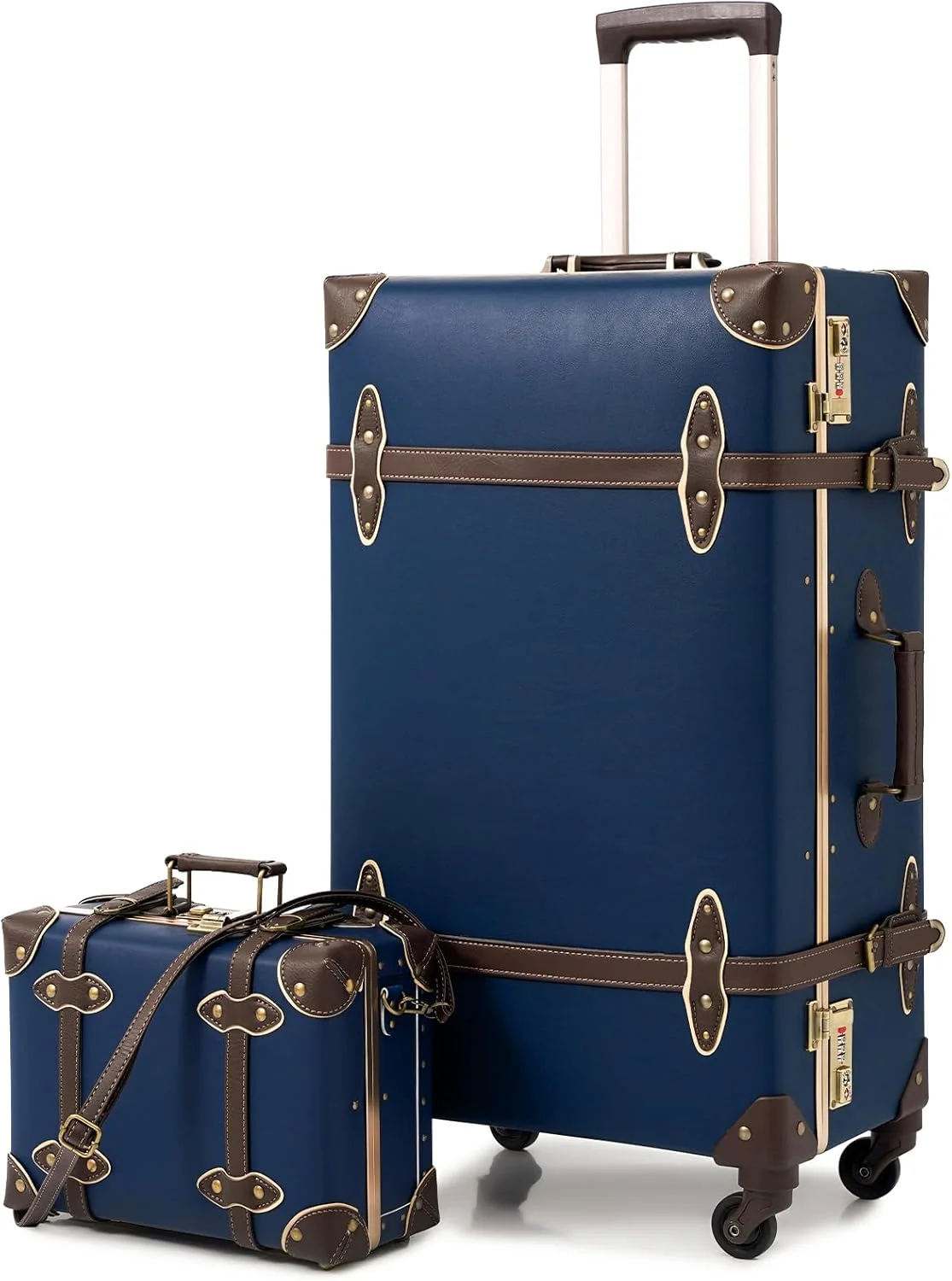مجموعه چمدان وینتیج یورسیتی، ست چمدان چرمی رترو 2 تکه زنانه، چمدان مسافرتی شیک با چرخ های اسپینر و کیف آرایشی، چمدان صندوقی طراح دار زیبا (آبی سرمه ای تیره، 20 اینچ + 12 اینچ)