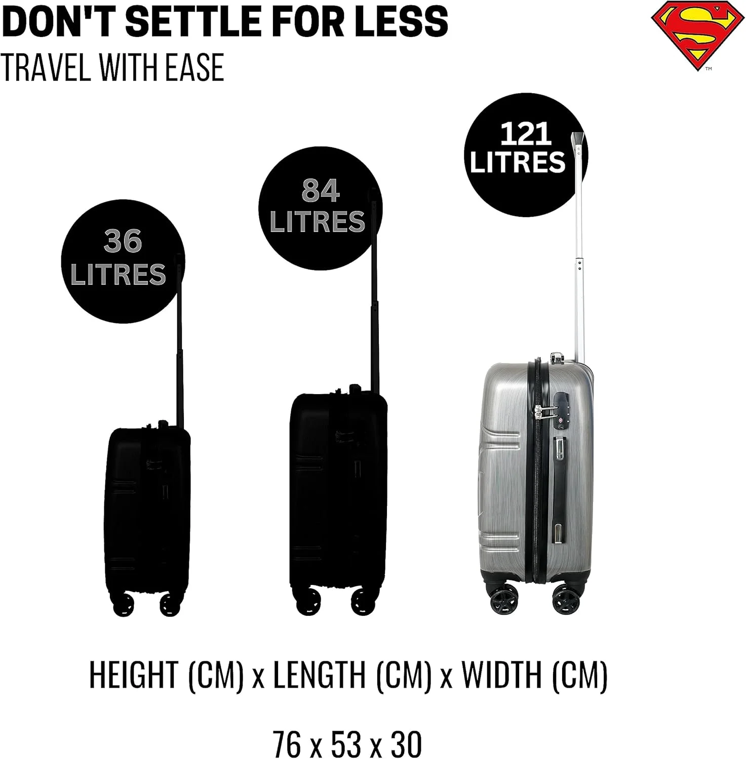 چمدان طرح لوگوی سوپرمن TRUCARE | کیف چمدان مسافرتی پلی کربنات سبک وزن با چرخ های اسپینر 360 درجه، قفل TSA و مواد PP بادوام، (خاکستری، 28 اینچ)