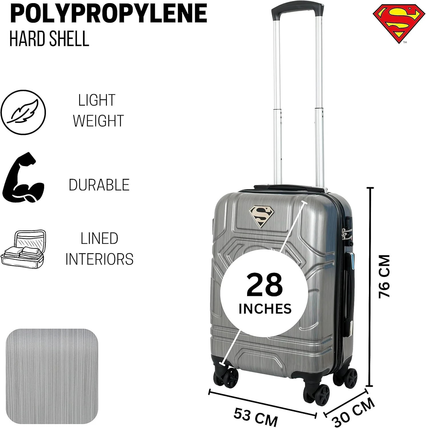 چمدان طرح لوگوی سوپرمن TRUCARE | کیف چمدان مسافرتی پلی کربنات سبک وزن با چرخ های اسپینر 360 درجه، قفل TSA و مواد PP بادوام، (خاکستری، 28 اینچ)