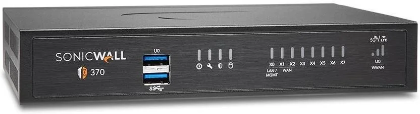 فایروال SonicWall TZ370 FW، نسخه Essential Ed.، بازرسی IPS/App با سرعت 1.50 گیگابیت بر ثانیه، بازرسی FW با سرعت 3 گیگابیت بر ثانیه، 8 پورت 1 گیگابیتی اترنت، 2 پورت USB 3.0، مشکی | 02-SSC-6817