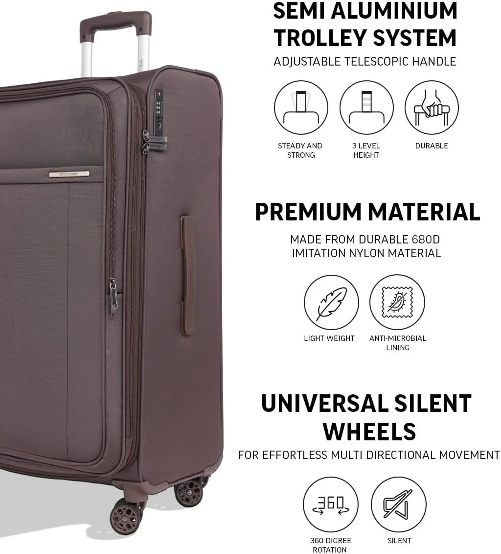 چمدان چرخدار نرم 28 اینچی Tomcruiser Atlas – خاکی، سیستم نیمه آلومینیومی، زیپ ضد سرقت، چرخ های بی صدا