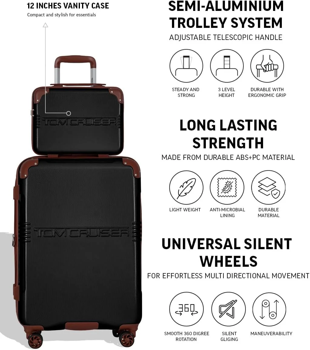 ترولی سخت بدنه گرند تور سایز 20 اینچ به همراه کیف آرایشی 16 اینچ مشکی - چمدان بادوام ABS+PC، چمدان مسافرتی سبک وزن با چرخ های اسپینر بی صدا