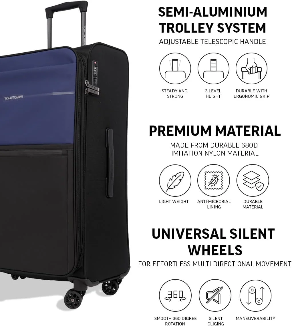 چمدان چرخ‌دار نرم 28 اینچی آبی رنگ – کیف مسافرتی چرمی PU 600D با کیفیت عالی با چرخ‌های اسپینر بی‌صدا، سبک و بادوام