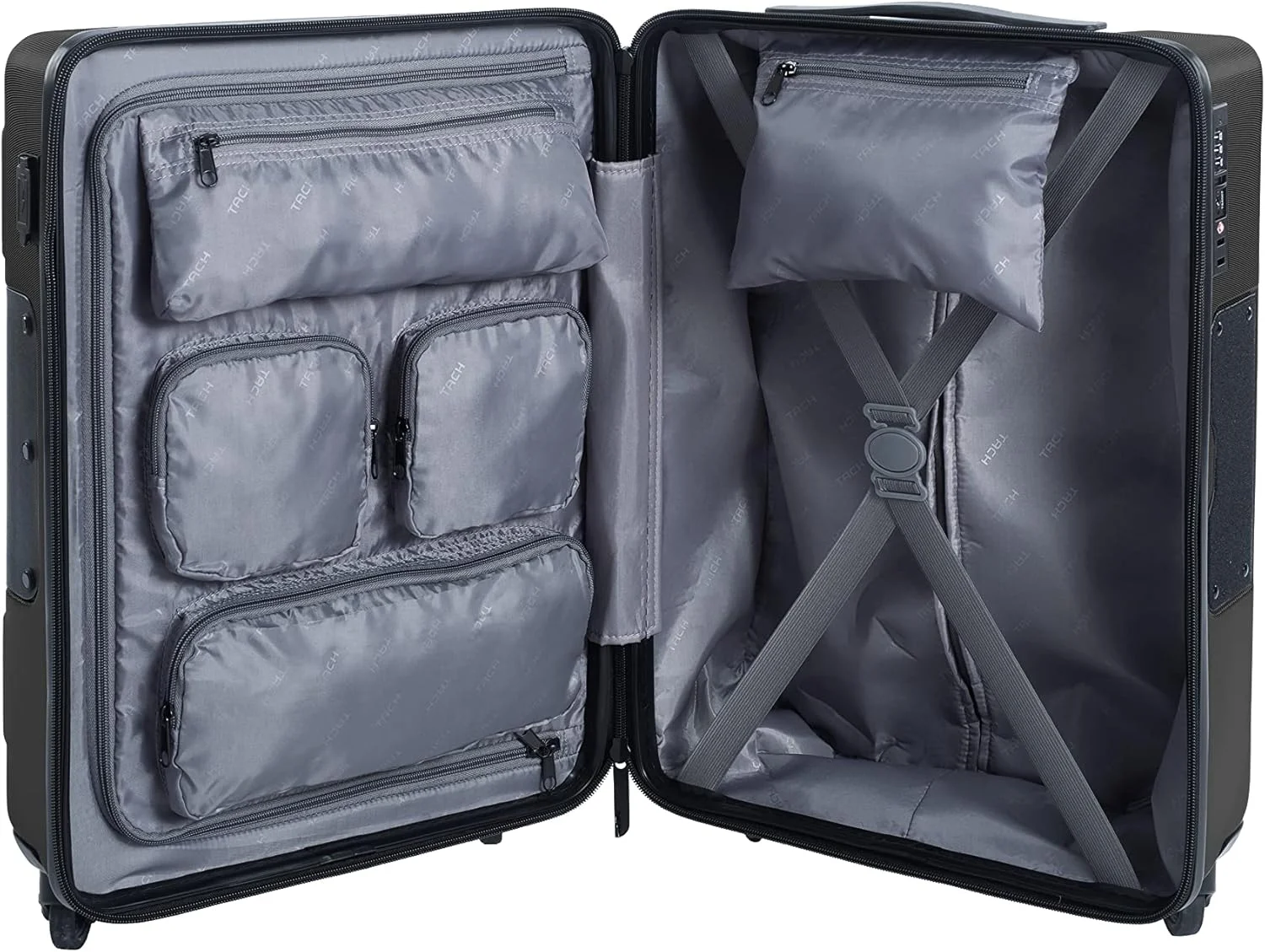 چمدان کابین سایز چرخ دار TACH V3 | سایز 20 اینچ با قفل TSA | دارای 2 پورت شارژ USB | جای قمقمه | سیستم اتصال داخلی ثبت اختراع شده | اتصال آسان 6 چمدان | مشکی