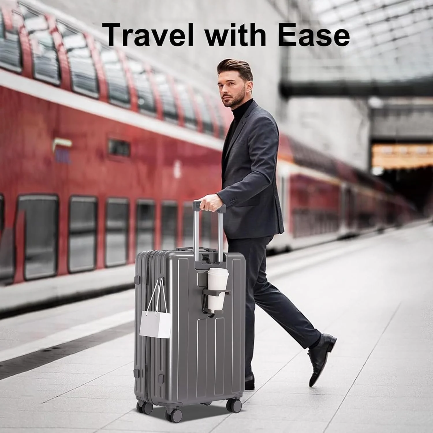 چمدان سایز 20 اینچ، ABS+PC سبک وزن و قابل افزایش حجم، دارای پورت شارژ USB/Type-C، جای موبایل و جای لیوان، چمدان کابین، چمدان با باز شدن از جلو