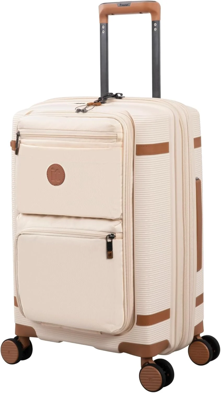 چمدان کابین IT – چمدان های هارد شل با چرخ های اسپینر، دسته تلسکوپی و زیپ های ضد گیر (57 لیتر، ست مسافرتی سبک وزن) (کرم، سایز کوچک کابین 21 اینچ)