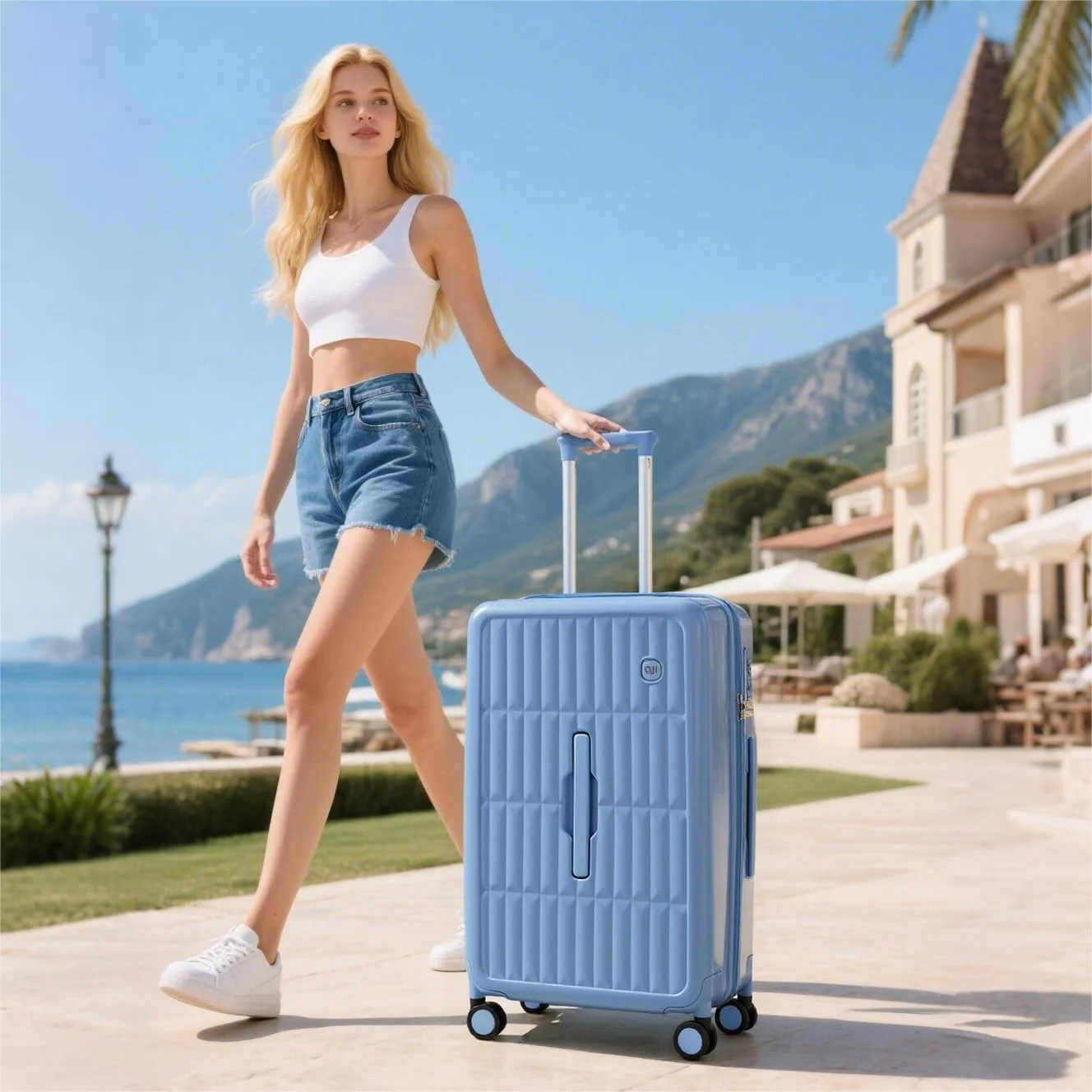 چمدان سایز بزرگ 26 اینچی AJI با قابلیت باز شدن 70/30 و چرخ‌های اسپینر، چمدان مسافرتی با چسب ولکرو قابل تنظیم برای ظرفیت بزرگ و انعطاف‌پذیر، چمدان سخت برای آقایان و بانوان، مناسب برای بیش از 20 روز سفر (آبی بلوبری)