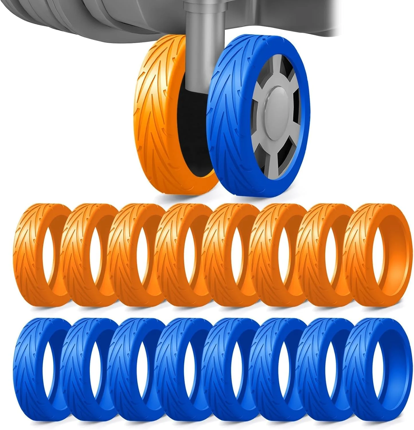 روکش چرخ چمدان، روکش محافظ سیلیکونی برای چرخ های اسپینر 2-2.4 اینچی، مقاوم در برابر سایش، بی صدا، ضد گرد و غبار و خراش، لوازم جانبی چمدان برای مسافرت (آبی و نارنجی)، بسته 16 عددی