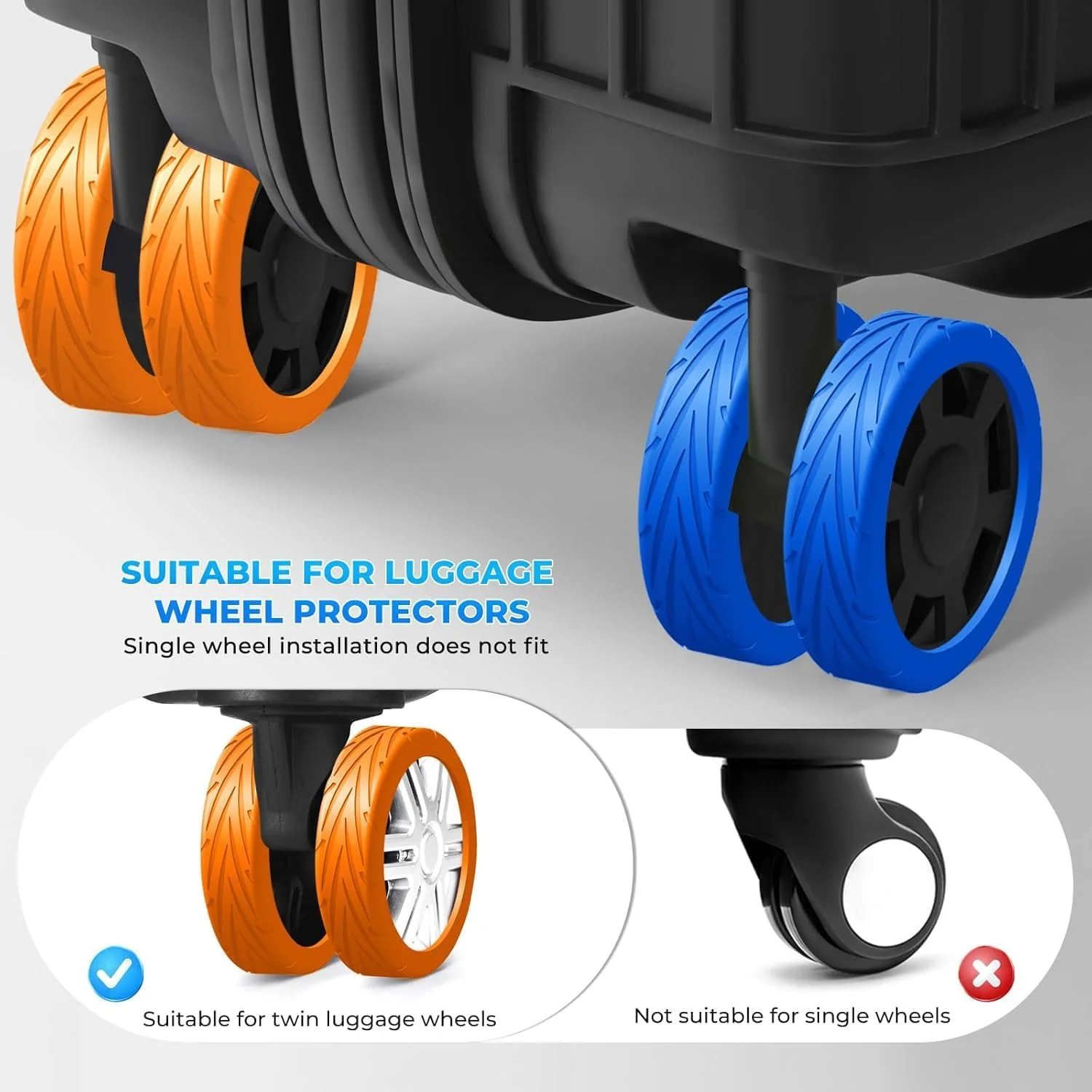 روکش چرخ چمدان، روکش محافظ سیلیکونی برای چرخ های اسپینر 2-2.4 اینچی، مقاوم در برابر سایش، بی صدا، ضد گرد و غبار و خراش، لوازم جانبی چمدان برای مسافرت (آبی و نارنجی)، بسته 16 عددی