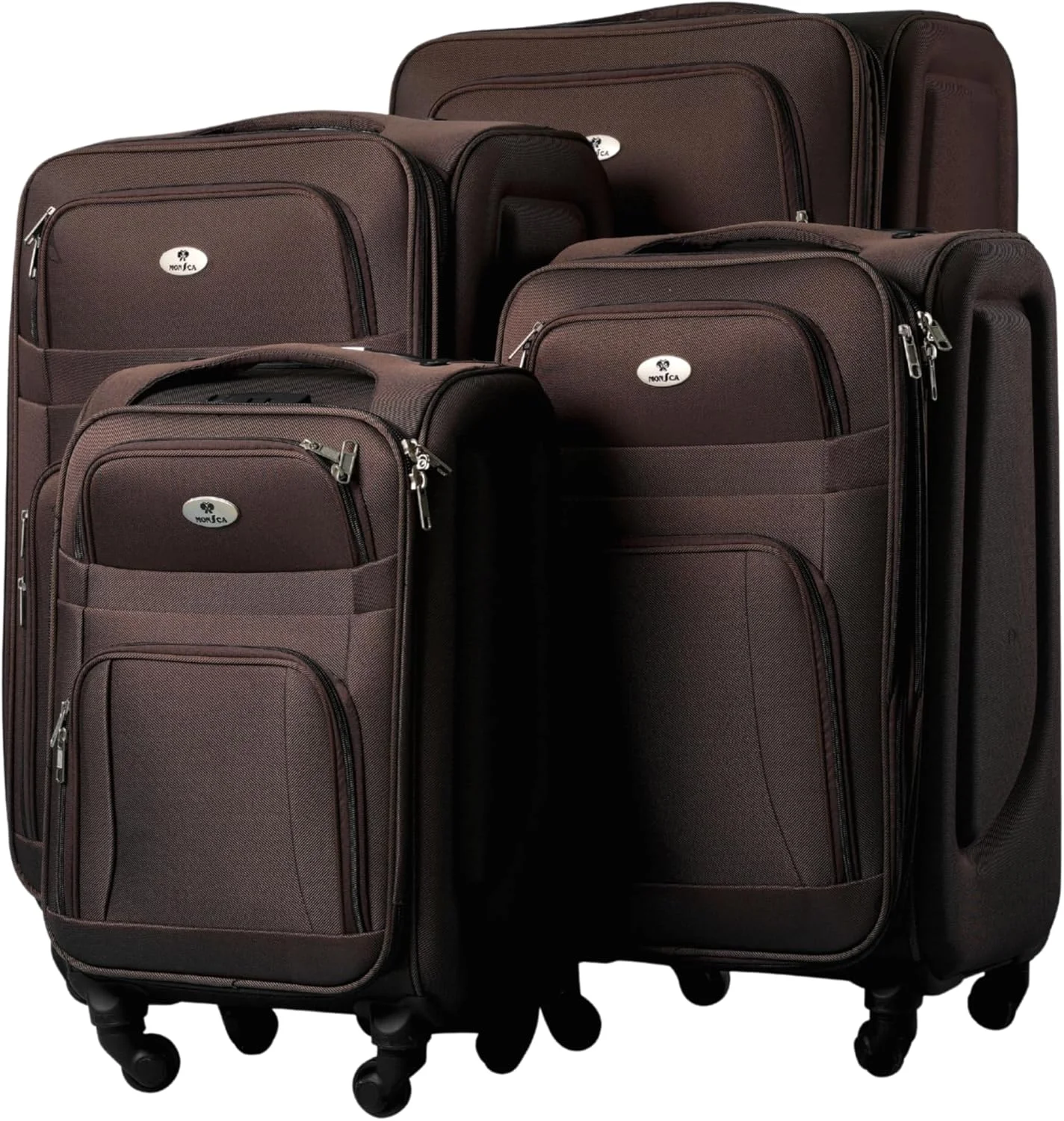 ست چمدان نرم چهار تکه مونسکا، چمدان فوق سبک برای مسافرت، قفل TSA، زیپ ضد سرقت (قهوه ای)