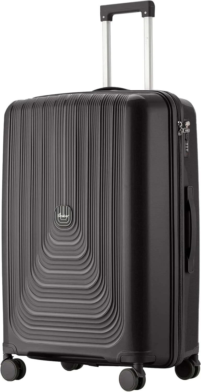 چمدان سخت بدنه سناتور унисекс، چمدان چرخ دار سبک وزن PP با 4 چرخ دوبل و قفل ترکیبی 3 رقمی KH1009 (چمدان سایز بزرگ 28 اینچ، مشکی)