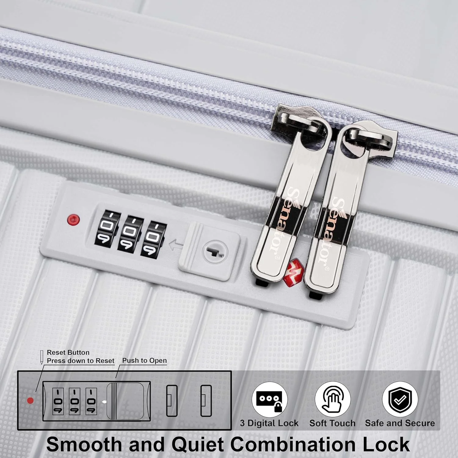 چمدان سخت بدنه یونی‌سکس سناتور، چمدان چرخ‌دار سبک وزن PP با طراحی مدرن، دارای 4 چرخ دوقلو با قابلیت چرخش 360 درجه و زیپ‌های ایمن KH1010 (چمدان سایز بزرگ 24 اینچ، خاکستری روشن)