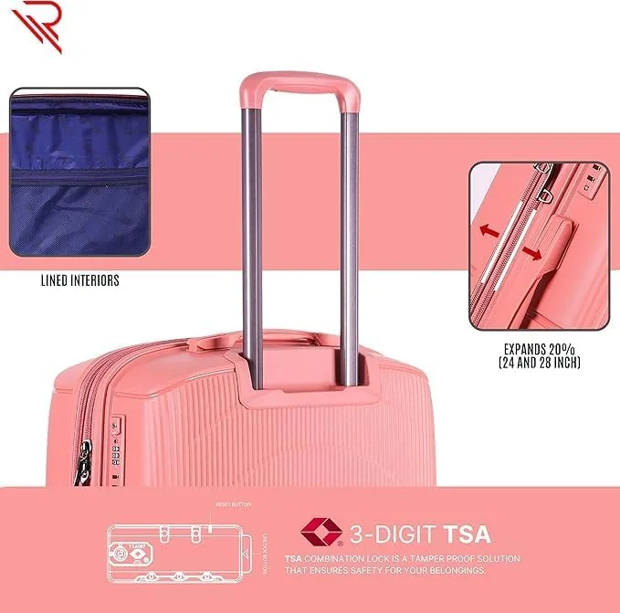 چمدان کابین سایز PP Reflection، بدنه سخت سبک وزن، بادوام، چمدان چرخدار سری Vertical با چرخ های دوبل و قفل TSA (رزگلد، سایز 24 اینچ)