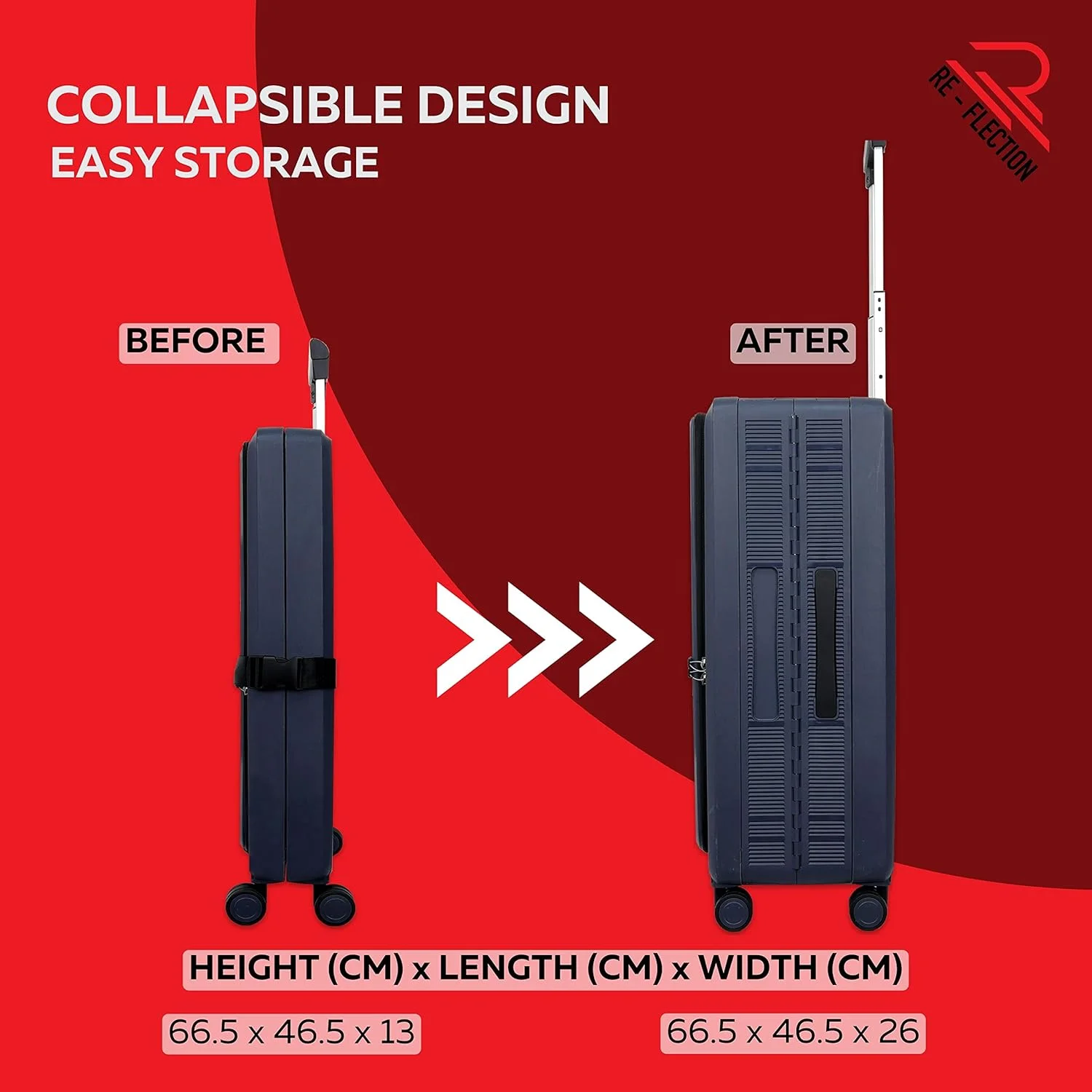 چمدان چرخدار تاشو 24 اینچی، بدنه پلاستیکی پلی پروپیلن، طراحی قابل حمل، دستگیره های نرم با طراحی ارگونومیک، دسته قابل تنظیم 2 سطح