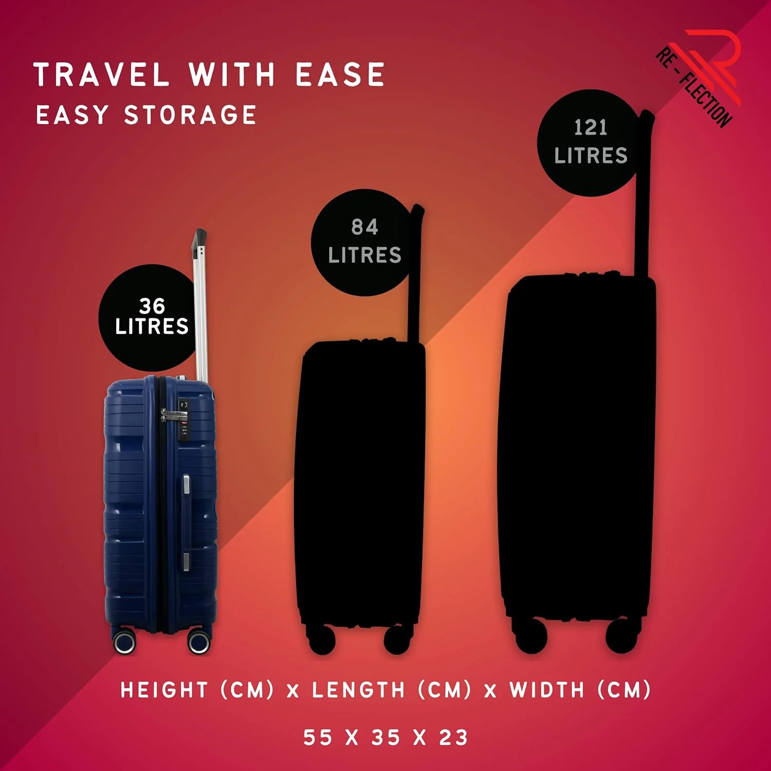 چمدان چرخدار پلی پروپیلن بازتابی، چمدان مسافرتی سبک وزن با بدنه سخت و خطوط براق، 4 چرخ گردان و قفل TSA